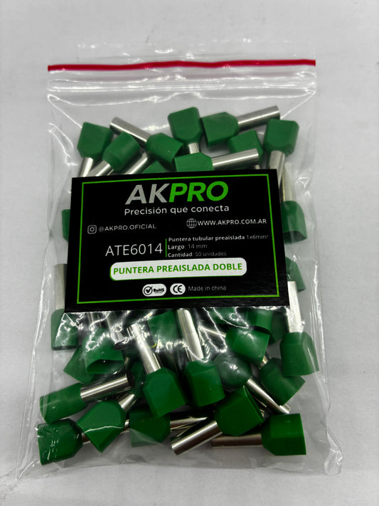 Terminal Puntera Doble Hueca Tif 2x6 Mm Akpro X100u Rohs Ce