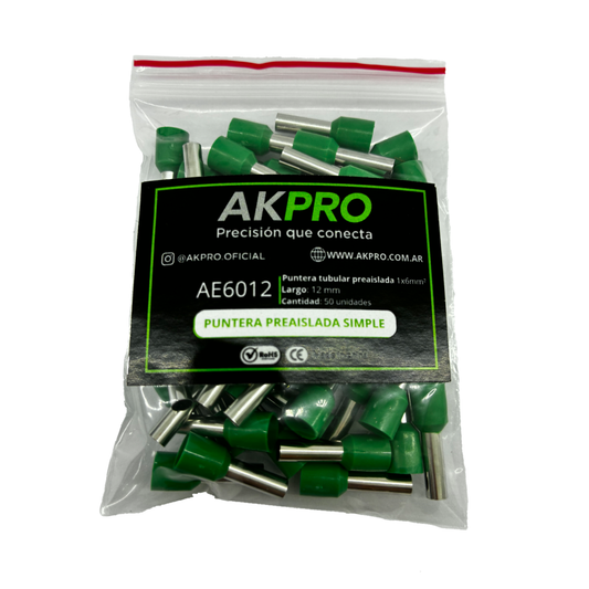 Terminal puntera hueca Tif 6 Mm AKPRO x 50u t/ziplock Rohs Ce