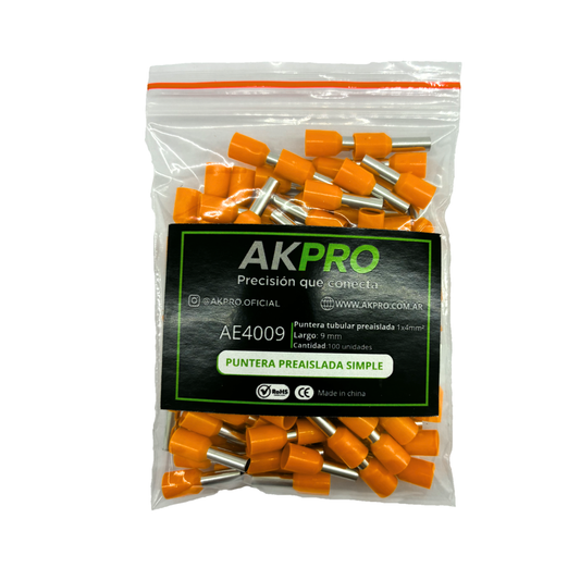Terminal puntera hueca  Tif 4mm AKPRO x100t/ziplock Rohs Ce