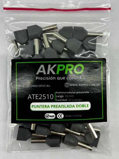 Terminal Puntera Doble Hueca Tif 2x2,5mm Akpro X50u  Rohs Ce