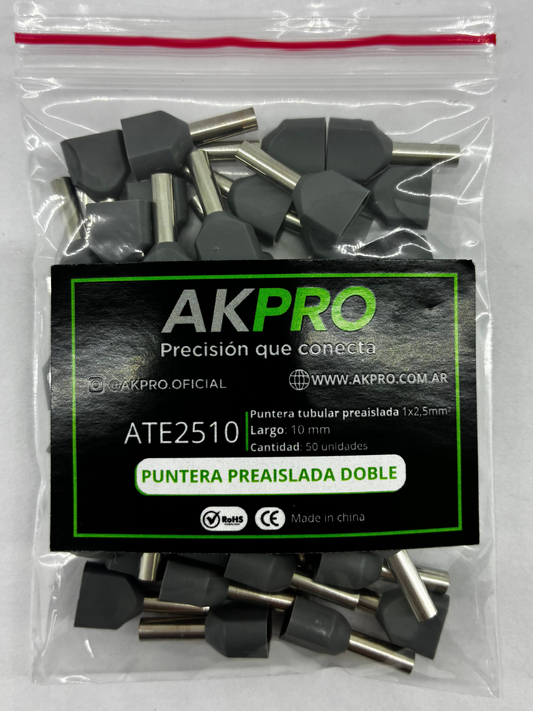 Terminal Puntera Doble Hueca Tif 2x2,5mm Akpro X50u  Rohs Ce